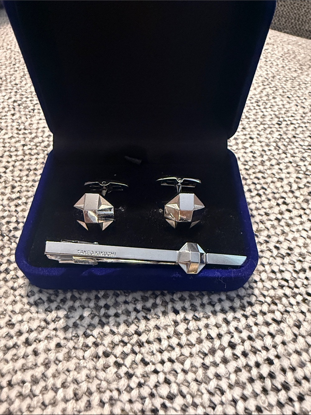 Takeo Kikuchi Men's Silver Geometric Cufflink and Tie Bar Set Japanese brand